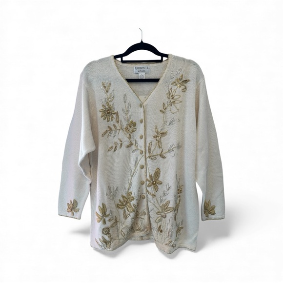 Vintage Sweaters - NWT Vintage Early 90’s Arriviste Cream Cardigan with Gold Floral Design Large